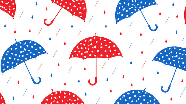 赤と青の水玉傘と雨のシームレスパターン背景