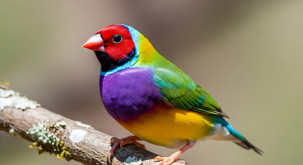 Fototapeta premium A vibrant gouldian finch bird perched on a branch, displaying its colorful plumage in natural habitat.