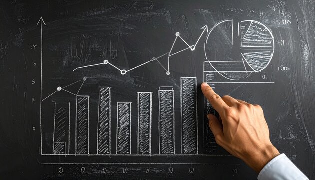 Hand Pointing at Chalk-Drawn Bar Chart and Line Graph on Blackboard Business Growth Strategy Concept