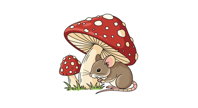 Charming illustration of a little brown field mouse nibbling seeds while sitting next to a large red spotted toadstool mushroom in grass.