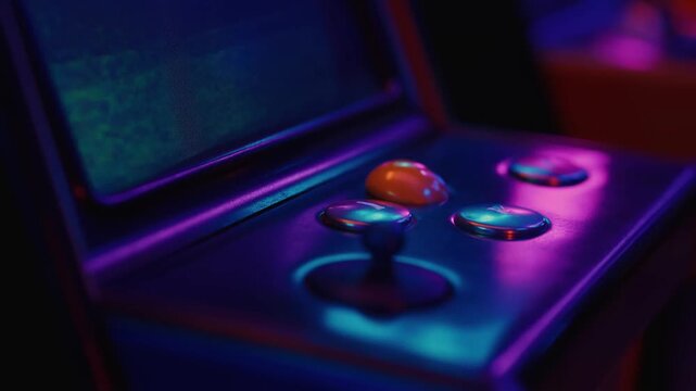 Slow motion tracking shot of arcade joystick and buttons being pressed on retro game cabinet under neon purple and blue lighting in arcade room