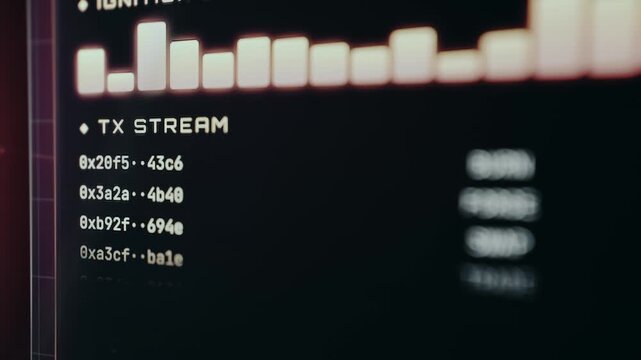 Technical interface showing a transaction stream with hexadecimal data identifiers
