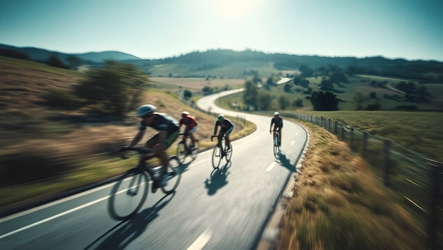 Peloton Cycling Motion Blur French Countryside, Sun-Drenched Race Dynamic Streak. Vibrant Cyclists Speeding Rural Road, European Bike Event Action Blu