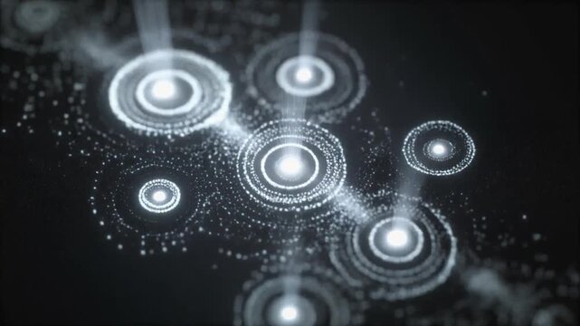 Abstract Glowing Particles Forming Concentric Circles in Dark Space