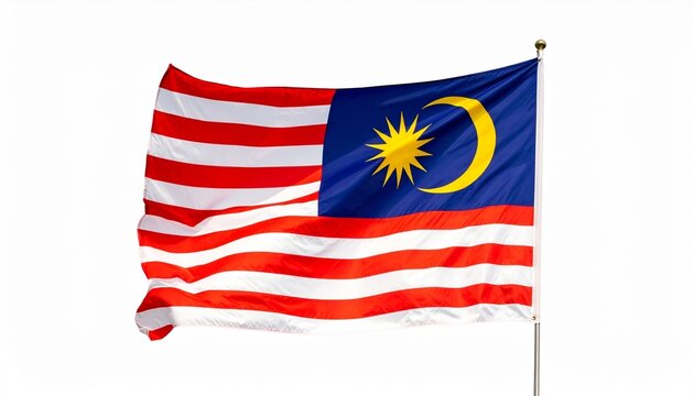 Malaysian national flag Jalur Gemilang with red and white stripes, blue rectangle, yellow crescent moon, and fourteen-point star symbolizing unity, Islam, and national identity.
