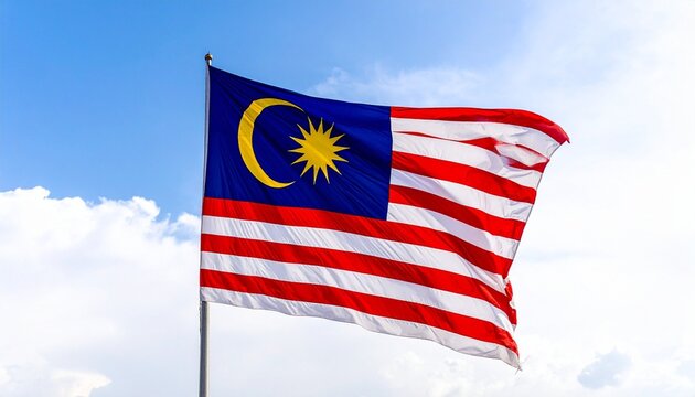 Malaysian national flag Jalur Gemilang with red and white stripes, blue rectangle, yellow crescent moon, and fourteen-point star symbolizing unity, Islam, and national identity.