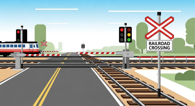 Train crossing railroad tracks with warning lights and barrier.
