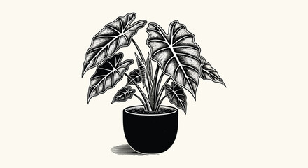 A striking black and white illustration depicts a lush alocasia plant growing in a dark pot © grvect02