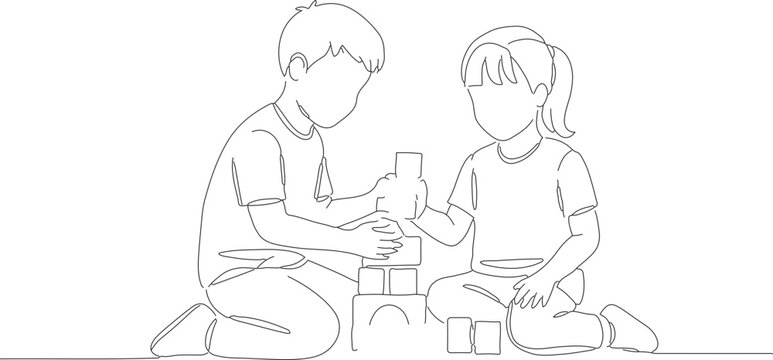 Continuous Line Drawing of Two Children Playing Together Building Blocks in a Playful Manner