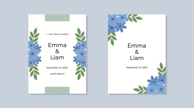 Elegant wedding invitation set with blue floral borders for Emma & Liam, featuring a clean minimalist layout and soft green accents