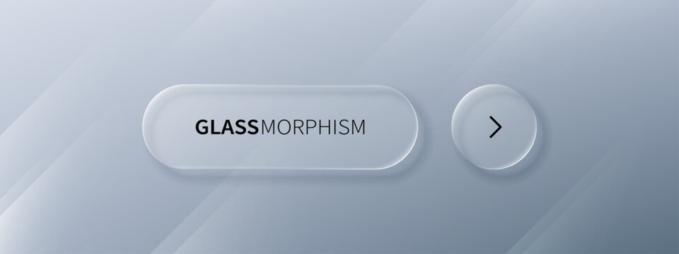 Glassmorphism user interface button with arrow icon. Vector design element with frosted glass effect, blur background and transparency. Web dashboard navigation for digital application.