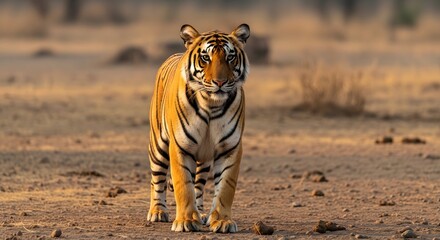 Fototapeta premium Majestic Bengal Tiger Walking in Arid Landscape.