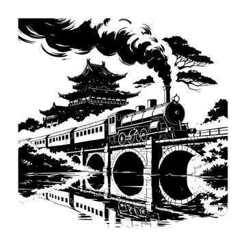 vintage steam train on bridge with pagoda