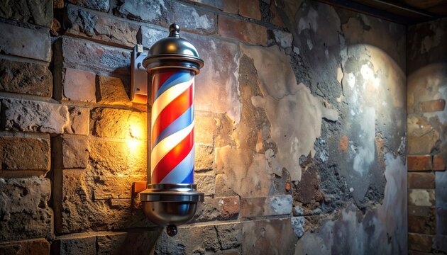 Vintage barber pole with red, white, blue stripes illuminates against rustic brick and plaster wall