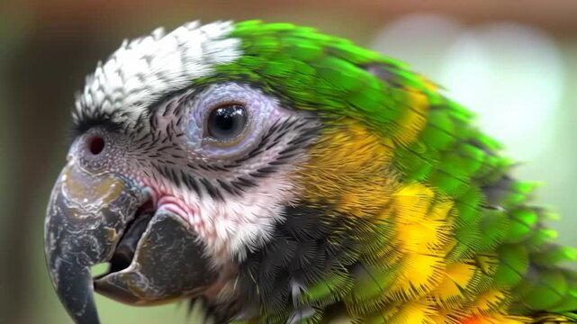 Detailed Side Profile Close-up of a Colorful Parrot Head Featuring Vibrant Green, Yellow, and Orange Feathers, a White Facial Patch around the Eye, and a Strong Dark Beak