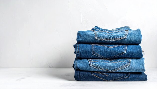 Stack of four folded blue jeans against a light textured background, showcasing denim texture