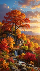 Obraz premium Vibrant autumn landscape with a tree on a rocky hill