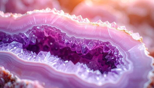 Close-up of a vibrant, layered crystal geode with vivid pink and purple hues and intricate formations