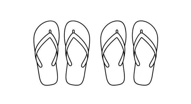 Simple black and white line art outline of two pairs of beach flip-flops seen from a top-down perspective for summer coloring activities.