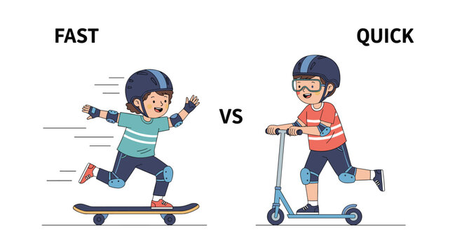 Educational comparison of vocabulary words fast and quick illustrated by a boy on a skateboard and another boy riding a blue scooter.