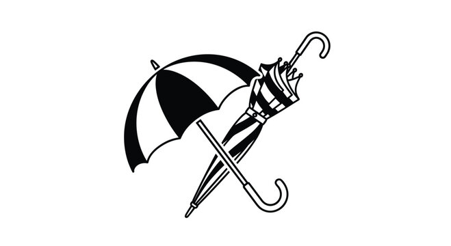 Graphic illustration of two black and white striped umbrellas with one being fully open and the other neatly closed for rainy weather.