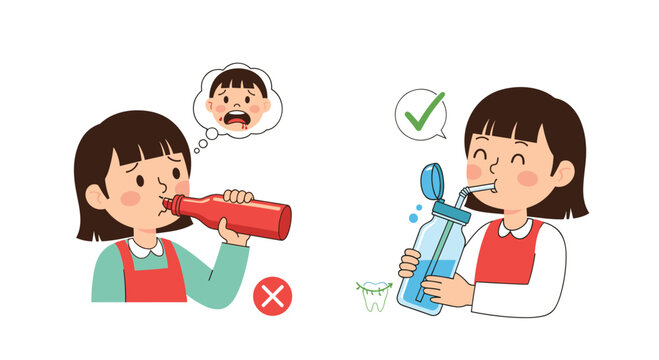 Educational health illustration comparing drinking directly from a bottle versus using a straw for better dental hygiene and protection.