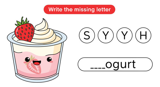 Educational vocabulary worksheet for kids to practice spelling the word yogurt by identifying the correct letter from a set of choices.