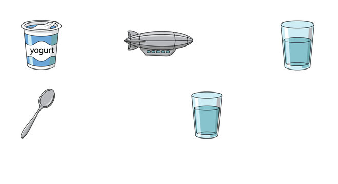 Collection of random objects including a yogurt cup, a dirigible airship, a metal spoon, and two glasses filled with fresh drinking water.