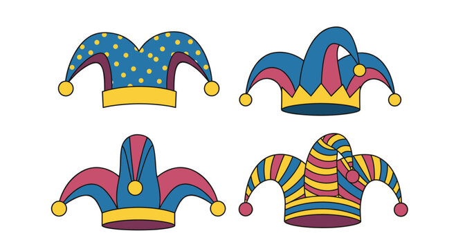 Selection of four colorful jester hats featuring various patterns like polka dots and stripes designed for circus or carnival performers.