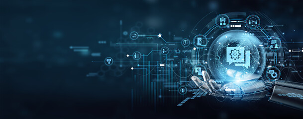 Obraz premium Robot hand expertly hold IT CONSULTING strategies to lead global digital shifts. Specialized technical advisors provide innovative solutions for complex enterprise infrastructure.