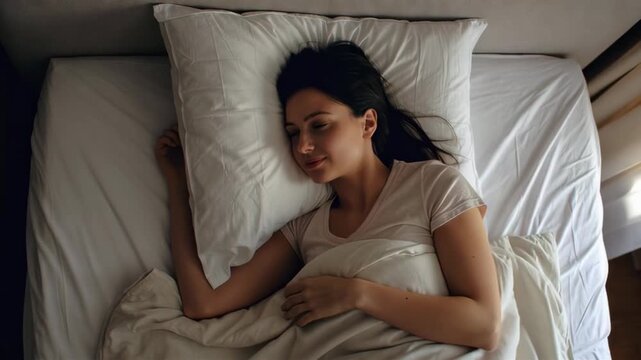 Static overhead shot of woman turning and hugging pillow while sleeping in bed inside cozy bedroom with natural morning light