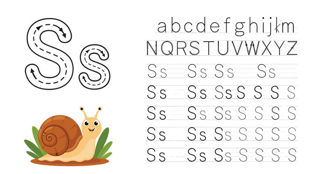 Educational handwriting worksheet for kids to practice tracing and writing the letter S in both uppercase and lowercase.