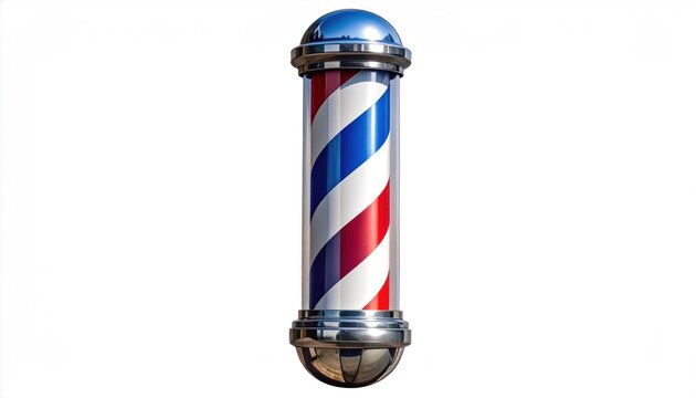 Shiny barber pole with red, blue, white stripes on white background, symbolizing classic barbershops