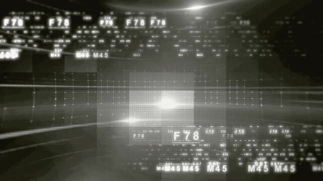 Monochrome high-tech digital background with moving data blocks and flickering light flares for corporate technology presentations.
