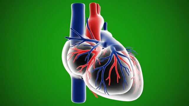 Hyper detailed cinematic macro shot of a human heart with translucent glass texture, suspended against a perfectly uniform green screen background, internal chambers and valves clearly visible, glowin