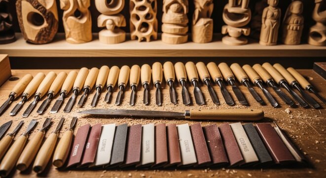 A meticulously arranged collection of woodworking chisels and sharpening stones, ready for detailed carving projects