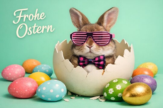 A bunny emerging from an egg with colorful Easter eggs