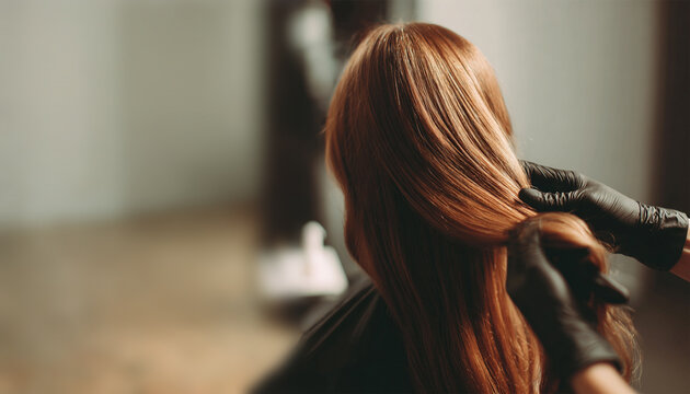 Closeup Hair care, female adult keratin treatment on brunette hair.