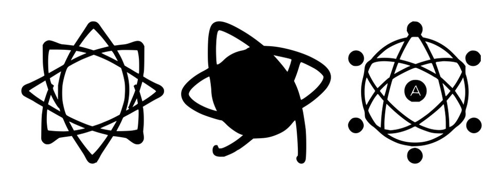Quantum computing qubit atom icon set with solid black icon style featuring quantum, atom, qubit with vector illustration and design