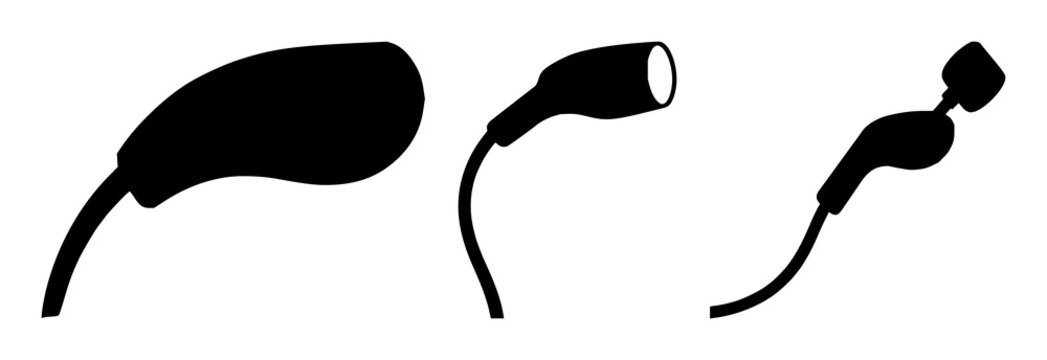 EV charging plug set with solid black icon on white background featuring electric vehicle, charging, plug with power and connectivity