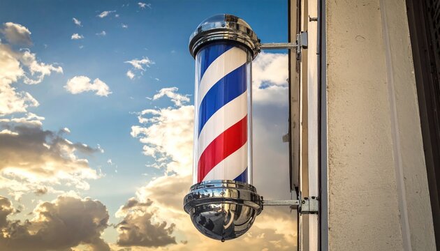 A barber pole with red, white, and blue stripes hangs on a building against a cloudy sky backdrop