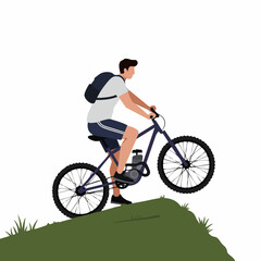 Fototapeta premium Flat Design Illustration of a Young Man with Backpack Riding a Bicycle Up a Grassy Hill