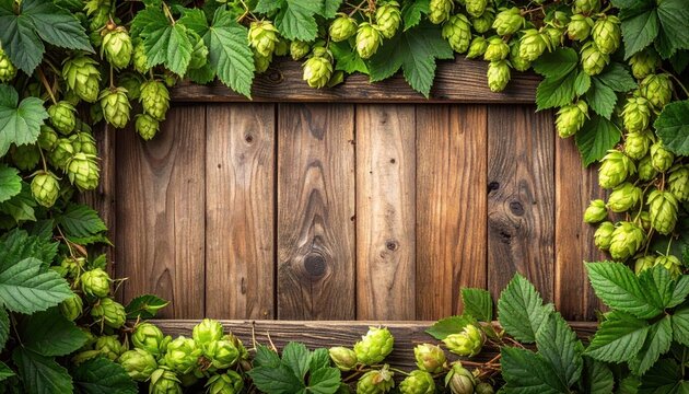 Green hops and leaves frame a rustic wooden background with visually pleasing symmetry