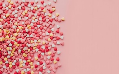 Obraz premium Colorful heartshaped sprinkles on pink background for valentines day or sweet treats