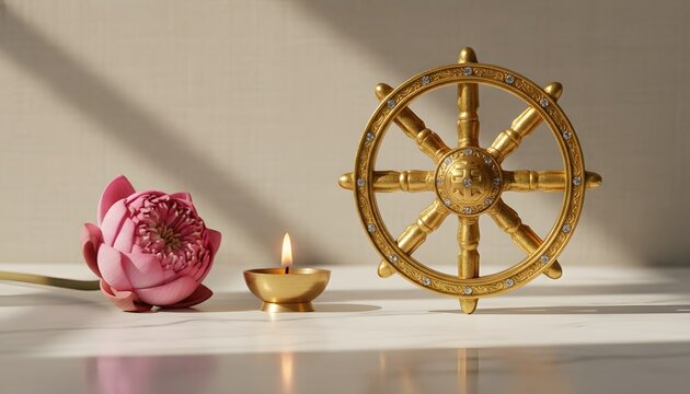 Golden dharma wheel with pink lotus flower and burning oil lamp on a marble table for Vesak Day celebration concept, representing Buddhist teachings and enlightenment path