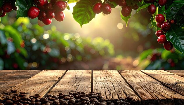 Sunlit coffee cherries hang over rustic wooden table with scattered beans, surrounded by green foliage