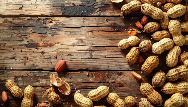 Rustic wooden surface with scattered peanuts in shells, some halves, evoke autumn harvest mood