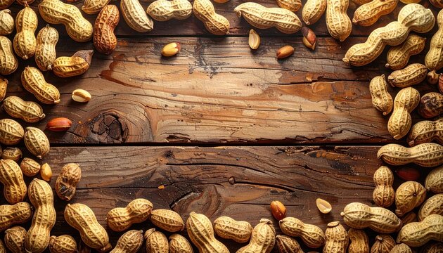 Peanuts scattered on a rustic wooden table, forming a natural border with warm, inviting tones