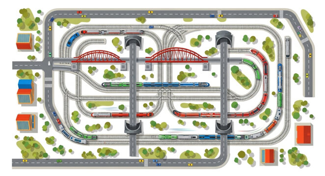 Intricate Toy Train Set with Multiple Tracks and Bridges.