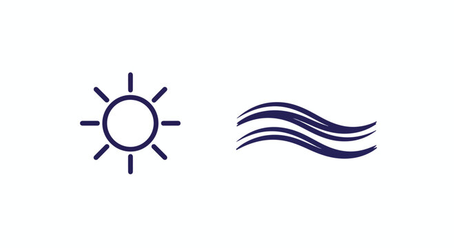 Minimalist sun and wave line icons, simple weather and ocean symbols, dark blue linear summer elements on white background, modern beach vector graphics